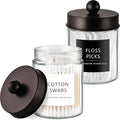 Amolliar 2 Pack Qtips Dispenser Holder - Bathroom Countertop Storage Organizer Containers - Glass Apothecary Jars with Bronze Plastic Lid for Q-tips Cotton Balls, Swabs, Round Pads, Floss