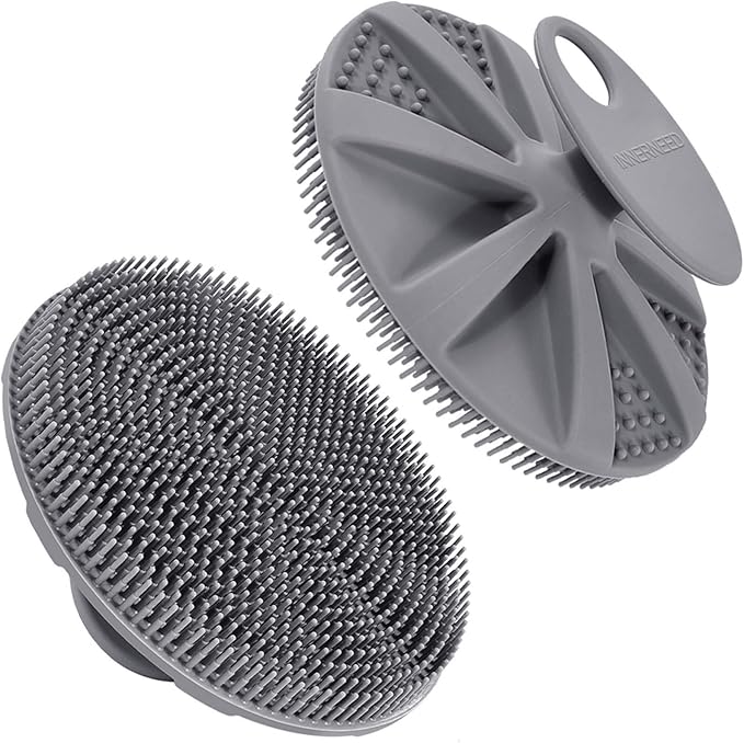 INNERNEED Food-Grade Soft Silicone Body Scrubber Shower Brush Handheld Cleansing Skin Brush, Gentle Exfoliating and Lather Well (Gray)