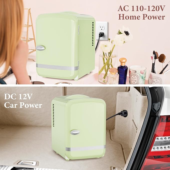 Xbeauty Retro Mini Fridge, Compact Refrigerator with 4L Capacity/6 Cans，Cooler & Warmer, Removable Shelf for Skincare, Beverages, Cosmetics, Perfect for Dorm, Bedroom, Green