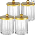 Amolliar Qtip Holder Dispenser for Bathroom, Clear Glass Canister Apothecary Jar for Cotton Swabs, Cotton Balls, Makeup Pads, Floss Picks, Container for Countertop Vanity Storage Organizer,Gold 4 Pack