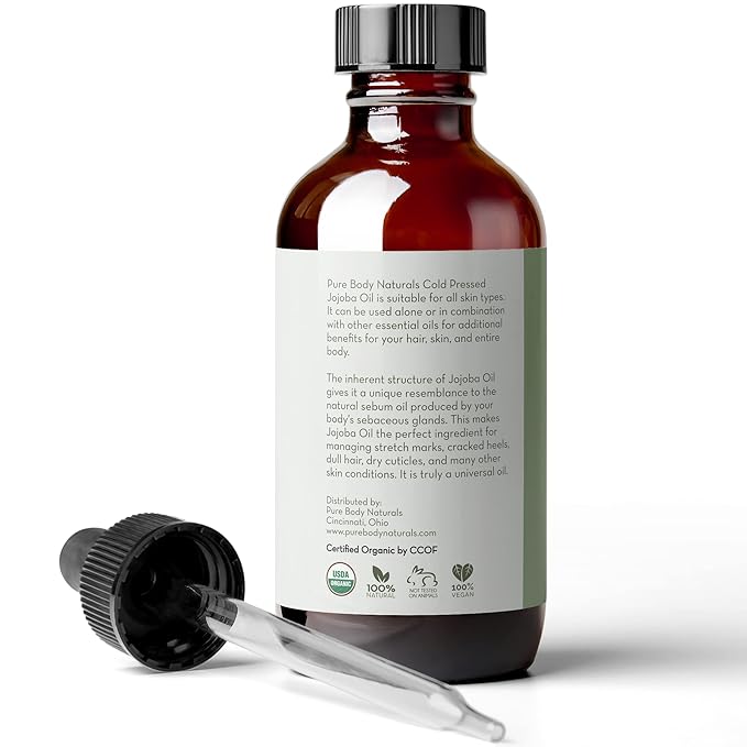 Pure Body Naturals Organic Jojoba Oil, 4 Fl Oz - 100% Pure, Organic, Cold Pressed Jojoba Oil for Skin, Face, Nails and Hair Growth - Carrier Oil for Mixing Essential Oils