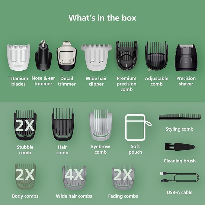 Norelco Philips All-in-One Series 7000 23-Piece Trimmer - Electric Shaver and Clipper for Face, Beard, Head & Body, Self-Sharpening Titanium Blades, 26 Length Settings (0.5-16 mm), MG7970/49