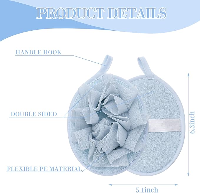 Boao 3 Pcs Bath Shower Pouf Sponge Mesh Pouf Shower Ball Exfoliating Body Sponge Pad Scrubber Glove with Flower Bath Ball (Blue)