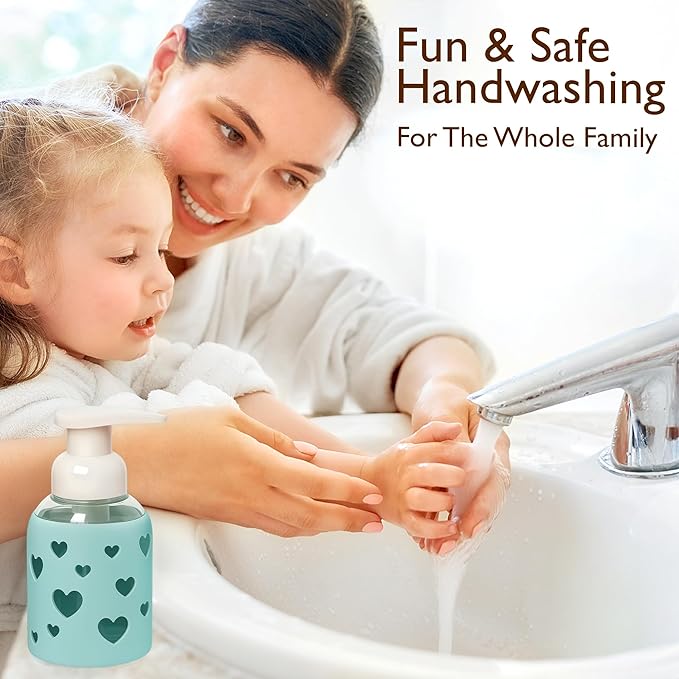 SoCal Suds & Company Foaming Hand Soap Dispenser Glass, Liquid Soap Pump with Heart Silicone Sleeve, Refillable Bottle for Kids, Baby Wash & Shampoo, Ideal for Bathroom & Kitchen Use, Sea Glass, 8oz