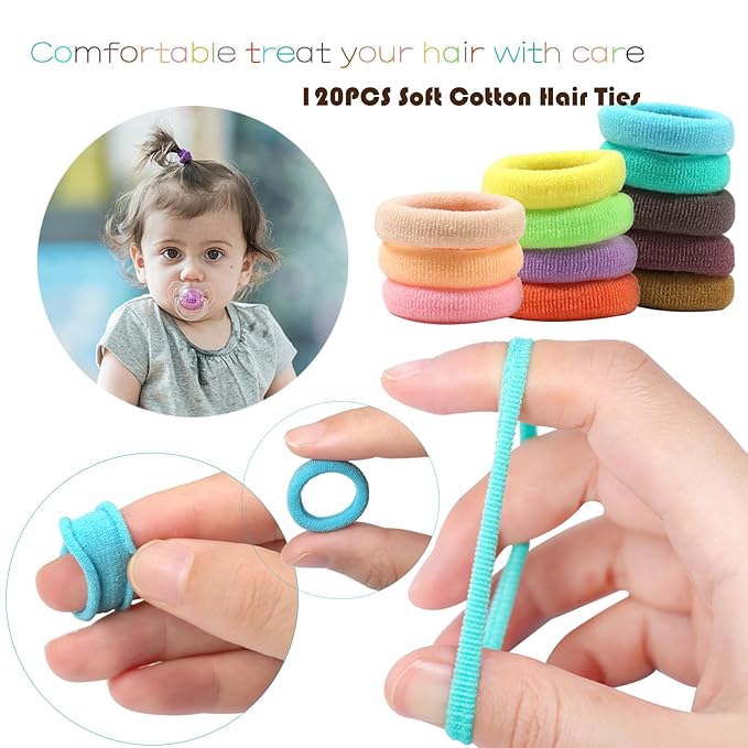WillingTee 120 Pcs Baby Hair Ties, Cotton Toddler Hair Ties for Girls and Kids, Multicolor Small Seamless Hair Bands Elastic Ponytail Holders,Spring Color