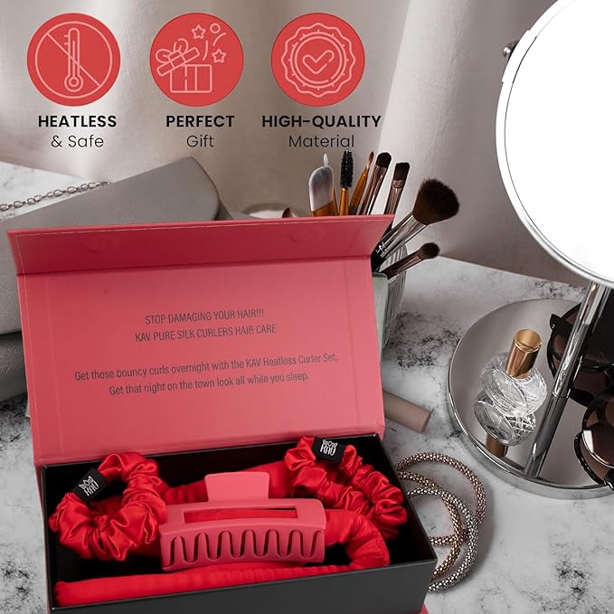 KAV 100% Mulberry Silk Heatless Curling Rod Headband Set with Clip & Scrunchies – Overnight Heatless Hair Curler for Women, No Heat Damage, Soft Hair Roller for Natural Curls & Waves