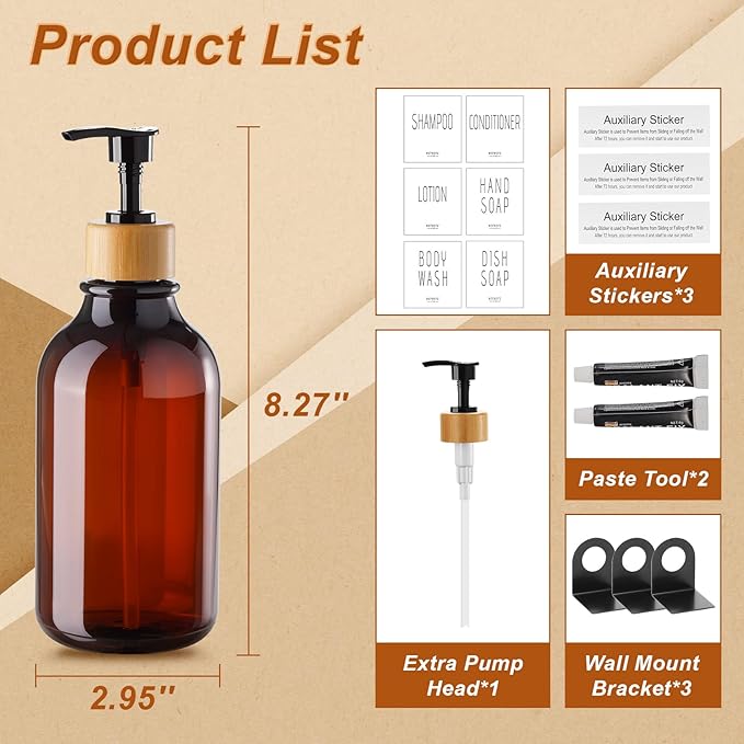 VITVITI Shampoo and Conditioner Dispenser, Body Wash Shower Soap Dispenser Wall Mounted 3 Chamber, Drill Free 17oz Plastic Shower Bottles for Bathroom, Brown 3 Sets