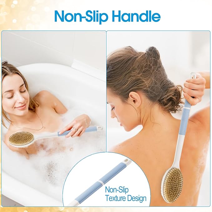 Back Scrubber Anti Slip for Shower, Shower Brush Long Handle with Stiff and Soft Bristles, Body Exfoliator for Bath or Dry Brush(Blue)