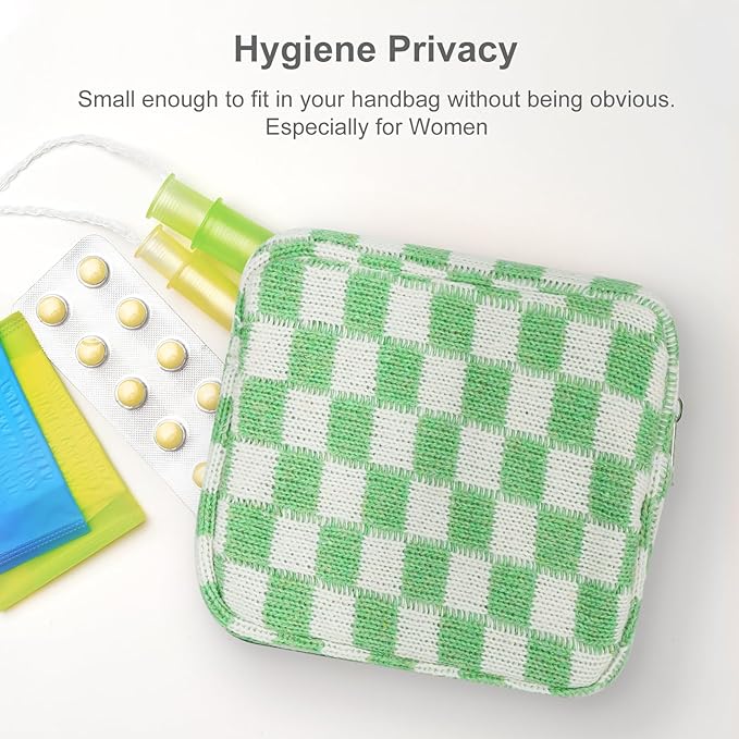 Sanitary Napkin Storage Bag, Menstrual Pad Zipper Checkered Portable Period Bag Panty Liners, Tampon Pouch for Women Ladies Daily Use Storage Purse Travel