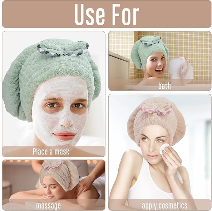 Microfiber Hair Drying Towel, 2 Pcs Fast Coral Velvet Absorbent Quick Dry Caps, Soft Towel for Women Wet Long Thick Hair (Khaki+Green)