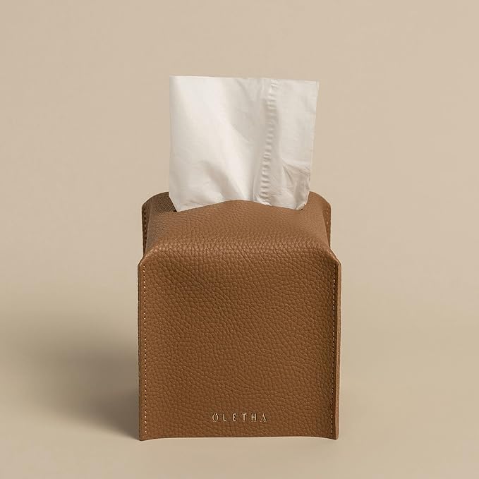 OLETHA Square Tissue Box Cover - Aesthetic Desk Decor for Room, Home & Office - Tissues Cube Boxes Holder - Pale Brown, Set of 2