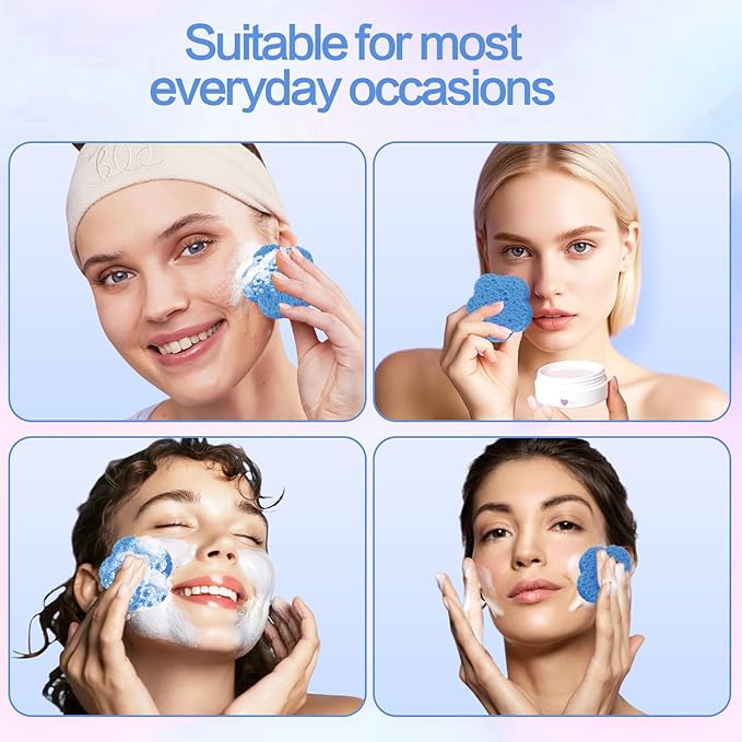 50-Count Facial Sponges, Natural, Blue, Modern Style, Reusable, Exfoliating, Cleansing, Makeup Removal, Travel-Friendly, Gift for Her