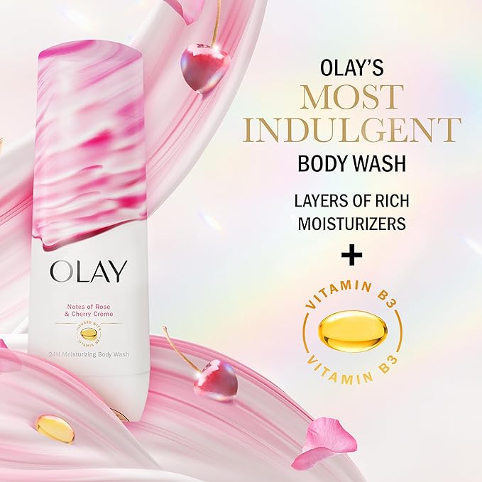 Olay Body Wash for Women,Indulgent Moisture,24hr Moisturizing & Nourishing Formula,Infused with Vitamin B3 Complex,Luxurious Fragrances,Rose & Cherry Creme Scent,20 fl oz,(Pack of 2)