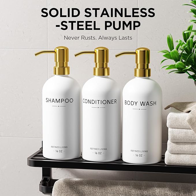 Shampoo and Conditioner Dispenser Set,3 Refillable 16oz Bottles with Stainless Steel Pumps – Shower Soap Dispensers for Bathroom, Hotel or Airbnb (Gold, 3-Pack)