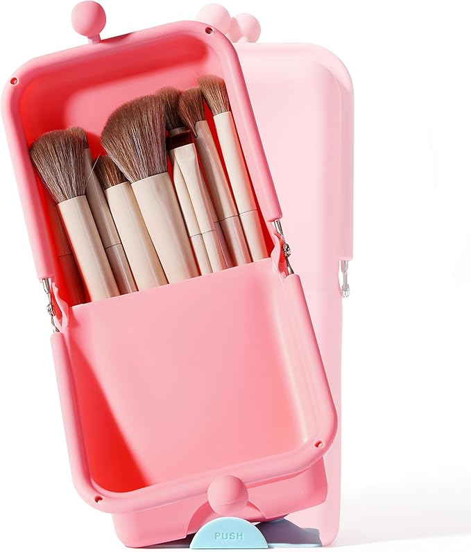 APT 1101 Makeup Brush Holder Travel Cosmetic Bag with Suction Base, Portable Cosmetic Organizer for Travel & Home, Organizer for Brushes, Beauty Tools & Accessories (Coral)