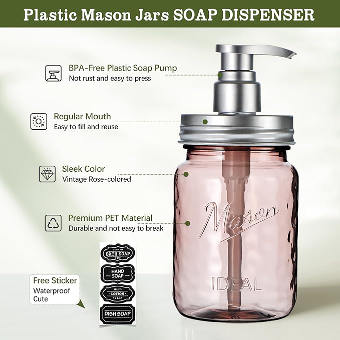 Amolliar 16 Oz Plastic Soap Dispenser, Refillable Hand Dish Soap Dispenser - Vintage Rose Bottle with Silver Pump Lids, for Farmhouse Bathroom Kitchen, Includes 2 Extra Pump & Waterproof Label