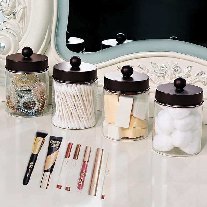 Amolliar Farmhouse Decor Qtip Holder Dispenser for Cotton Swabs,Balls, Cotton Pads, Floss - Clear Plastic Apothecary Jar for Bathroom Canister Storage, Vanity Countertop Makeup Organizer-Bronze (2)