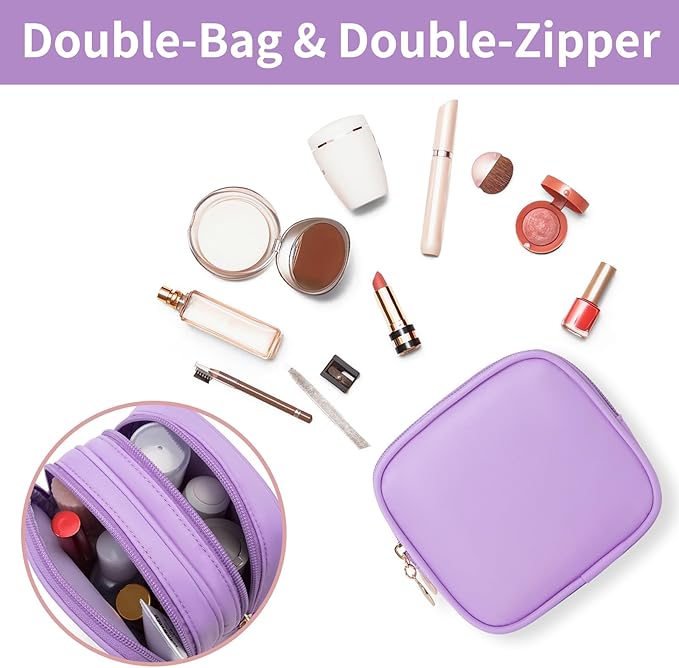 Small Makeup Pouch, Double Zipper Cosmetic Bag, Travel Makeup Bag, Cute Makeup Bag for Purse, Mini Toiletry Bag (lilac)