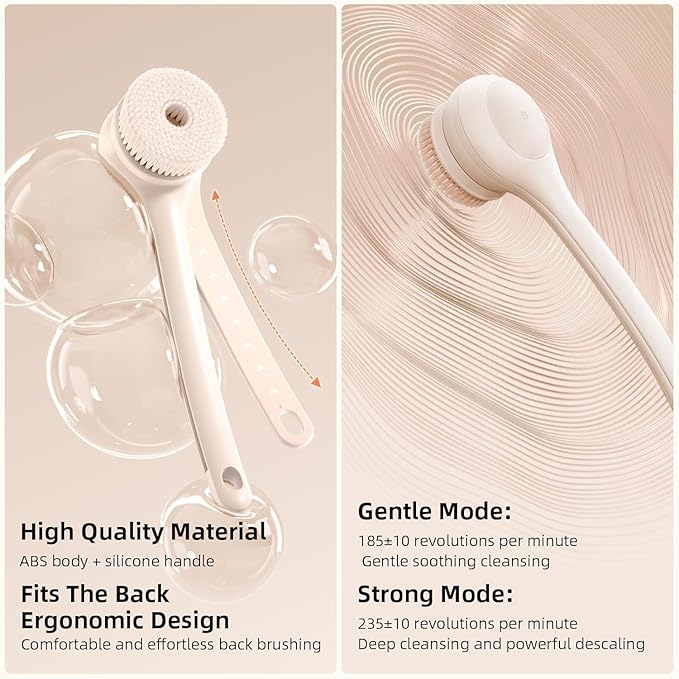 Electric Body Brush Back Scrubber for Shower, Waterproof Long Dual Handle Body Scrubber with 3 Heads, Bath Brush & 2 Speeds, for Cleansing, Exfoliating and Massaging Skin, Chrysanth Pink