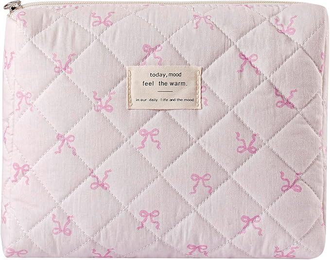 uekeboag Quilted Cotton Makeup Bag,Coquette Quilted Toiletry Bag for Women and Girls,Floral Coquette Pouch,Cute Kawaii Travel Cosmetic Bags(Cute Pink Bow)
