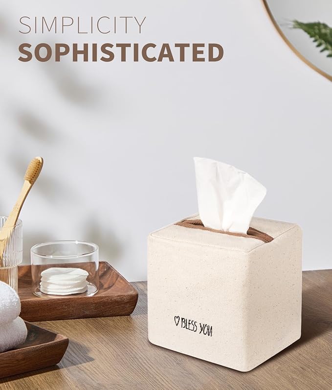 Livelab Tissue Box Cover Square, Chic Canvas Tissue Box Holder with Embroidery Text Decor, Stylish Tissue Case Facial Paper Cube Cover for Your Home, Officce and Bathroom | Ivory