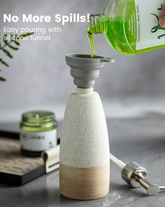 12oz Dish Soap Dispenser with 2 Pumps for Hand Soap, Shampoo, Lotion, Conditioner, Ceramic Refillable Soap Bottle with Silicone Funnel for Easter Bathroom, Kitchen, Speckled White