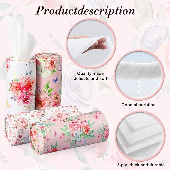 Ctosree 16 Pcs Car Tissue Holder Cylinder Bulk Round Floral Cup Holder Facial Tissues for Travel Refill Car Napkin Box Round Container