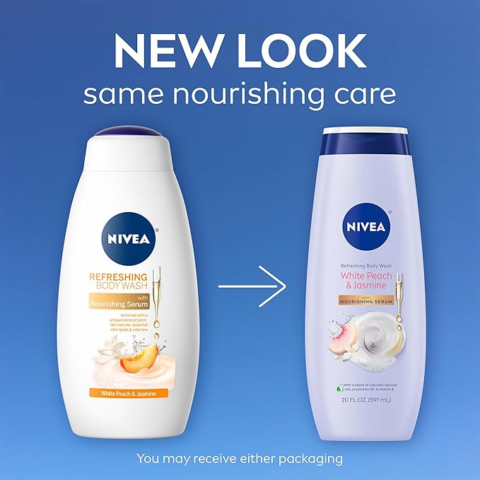 NIVEA Refreshing White Peach and Jasmine Body Wash with Nourishing Serum,Scented Body Wash for Women,Enriched with Provitamin B5 and Vitamin E,20 Fl Oz Bottle,(Pack of 2)