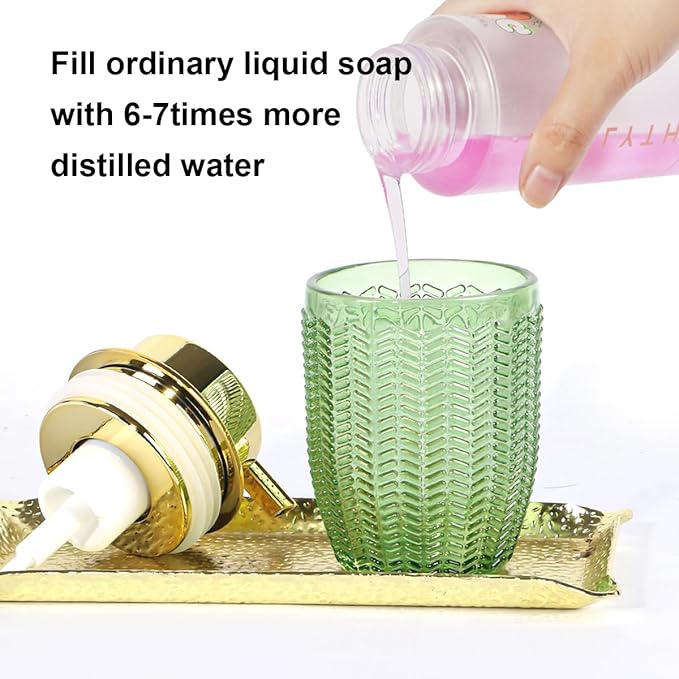 Green Foaming Soap Dispenser, Glass Foam Hand Soap Dispenser with Gold Pump, Bathroom 10 Oz Refillable Liquid Lotion Pump Container Barrel Shape Bottle for Kitchen Countertop Decor