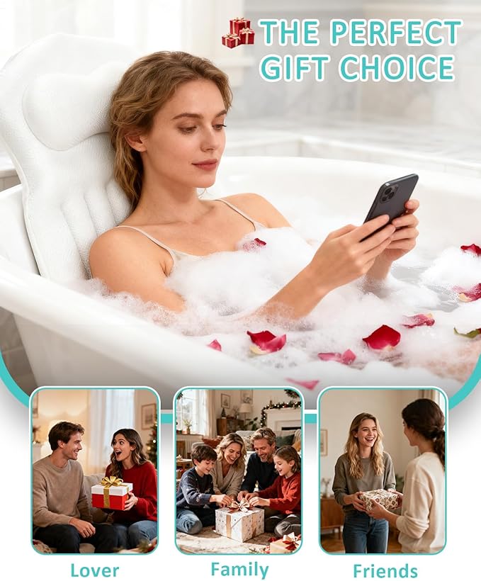 Full Body Bath Pillow for Bathtub, 5D Thick Tub Pillow for Bathtub with 192 Non-Slip Suction Cups, Laundry Bag & Hook, Bathtub Pillow for Head, Neck & Back Support (White, 51"*15")