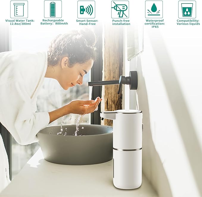 HOMELYLIFE Automatic Foam Soap Dispenser, 12.85oz Touchless Soap Dispenser with Smart Display, 4 Levels Adjustable Liquid Hand Free Dispenser, Dish Foam Dispenser for Kitchen, Bathroom, Public Places