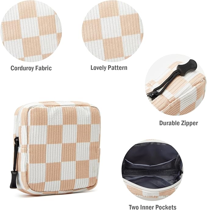 Small Makeup Bag for Purse,Mini Cosmetics Bag cute Zipper corduroy Cosmetic Pouch Storage Pouch Travel Toiletry Organizer for Women Girls(Checkered Orange)