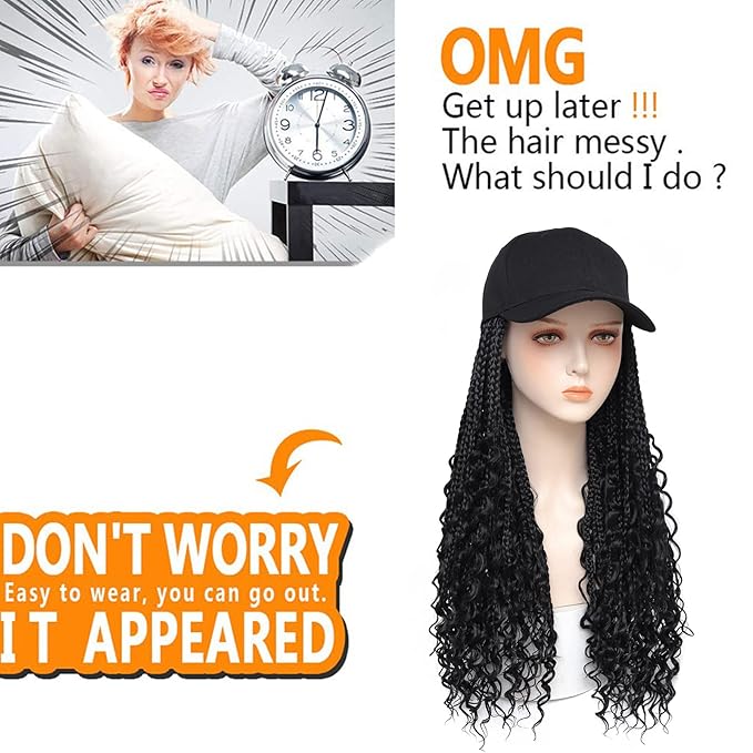 GUOJIAN Goddess Box Braiding Baseball Cap Wig, Black Bohemian Curly Ends Box Braids Hat with Braided Hair Extensions for Black White Women, Synthetic Braids Hat Wig with Hair Attached