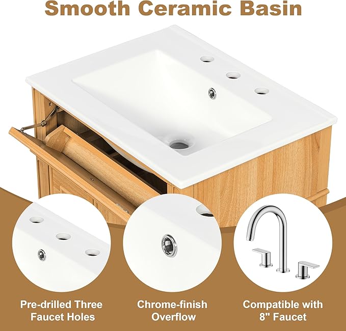Harper & Bright Designs 24" Bathroom Vanity with Sink, Free Standing Single Basin Vanity Set with Tip-Out Drawer, 2 Drawers, and 2 Doors, Wood Bathroom Cabinet with Ceramic Basin for Bathroom, Wood