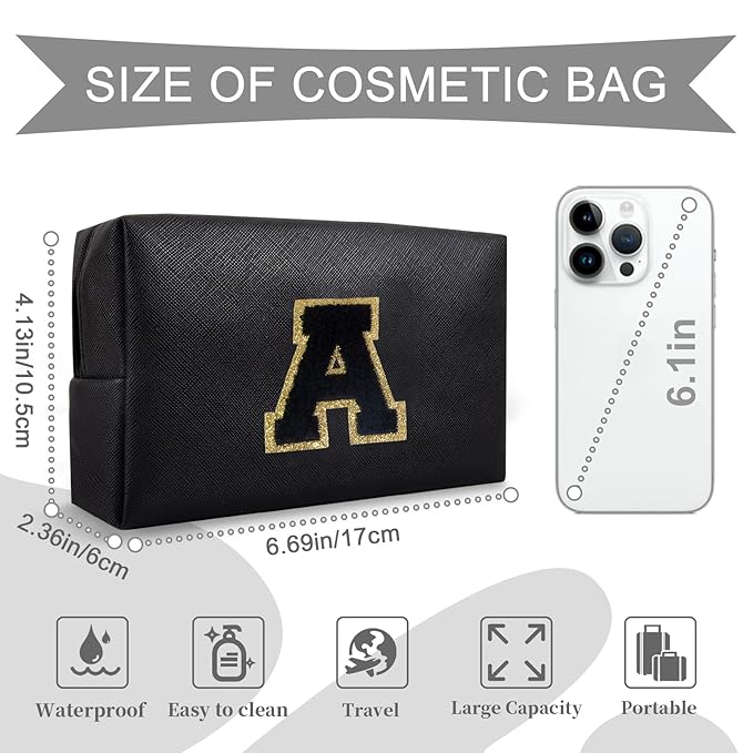 Personalized Initial A-Z Preppy Patch Makeup Bag,Small PU Chenille Letter Cosmetic Bag with Zipper for Teen Girls,Black Cute Toiletry Organizer Bag,Monogram Makeup Case Gift for Women Girls,Letter A