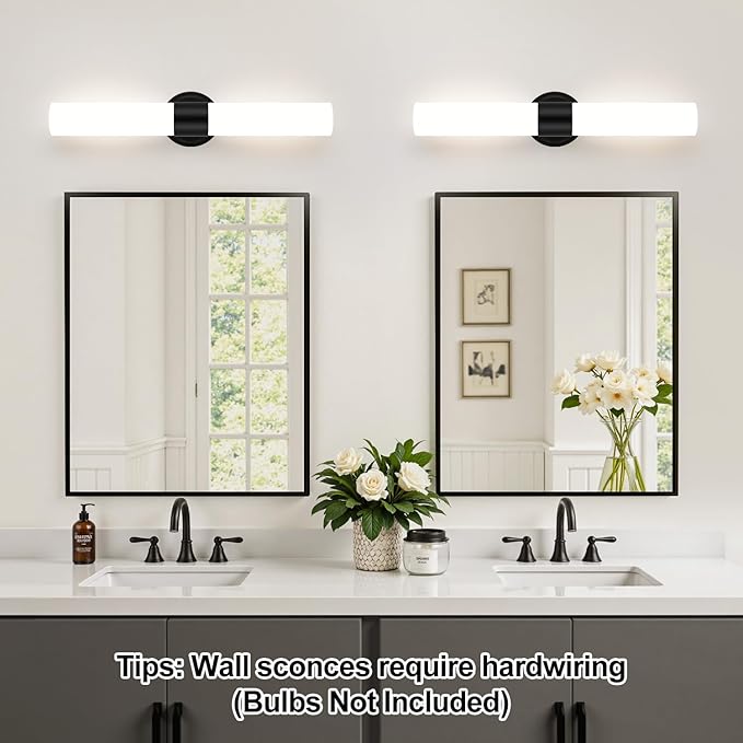 Wall Sconces Set of Two, Modern Bathroom Sconces Wall Lighting with Milky White Glass, Matte Black Sconces Wall Decor Set of 2 for Bathroom Mirror Bedroom Living Room Hallway
