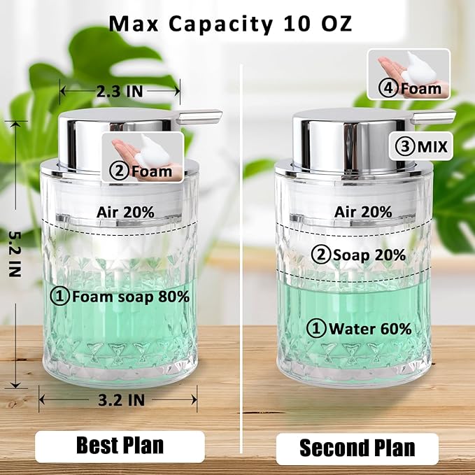 Bathroom Glass Soap Dispenser with Durable Rust-Proof Plastic Foam Pump Hand Lotion Dispenser Antislip Shampoo Kitchen 10oz 2 Pack