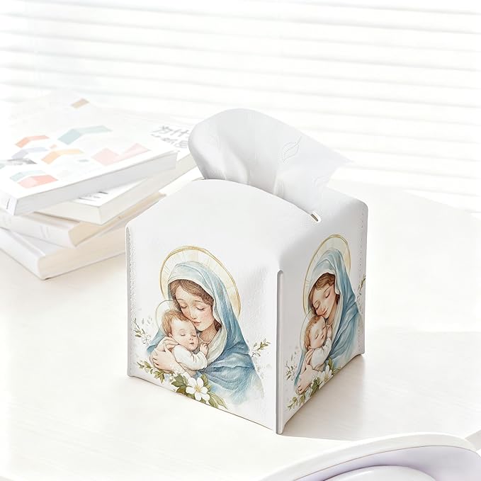Holy Infant & Virgin Mary Square Tissue Box Cover, PU Leather Drawstring Bottom - Jesus and Virgin Mary, for Office, Bathroom, Home, Christian & Catholic Friends | Blue Decorative Organizer