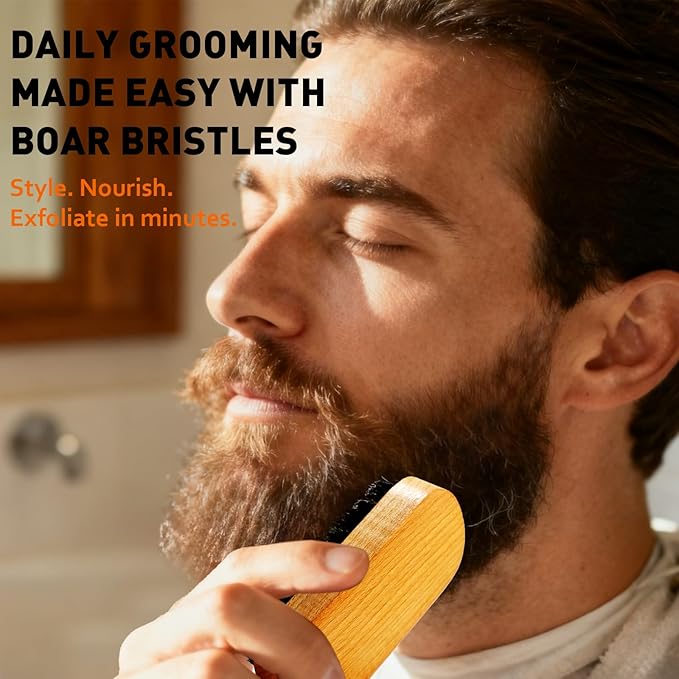 DUAIU 8Pcs Beard Brush and Comb for Men, Boar Bristle Brush and Dual Action Comb - Beard Shaper, Straight Shaving Razor with 10 Blades, Cape, Scissors Styling Cutting Tools with Bag