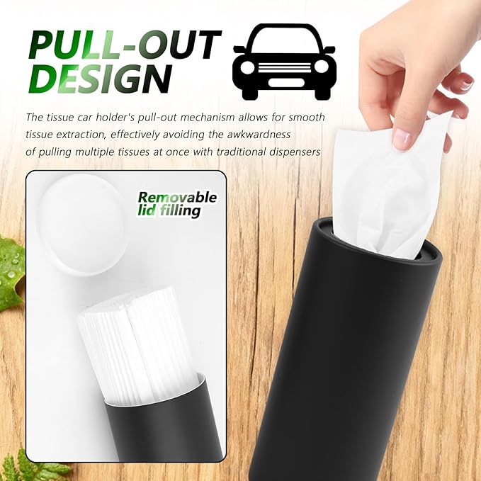 4PCS Car Tissue Holder,Pull Out Minimalist Car Tissues Cylinder with 30-Count Facial Tissue Per Box,Portable Cup Holder Tissues for Cars as Cars Trash Can/Coin Holders (Black)