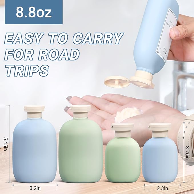 ASEVAT 8.8oz Travel Bottle with Flip Cap, Leak Proof Squeeze Bottles, Refillable Plastic Travel Containers for Creams, Lotion, Foundation, Shampoo, Conditioner
