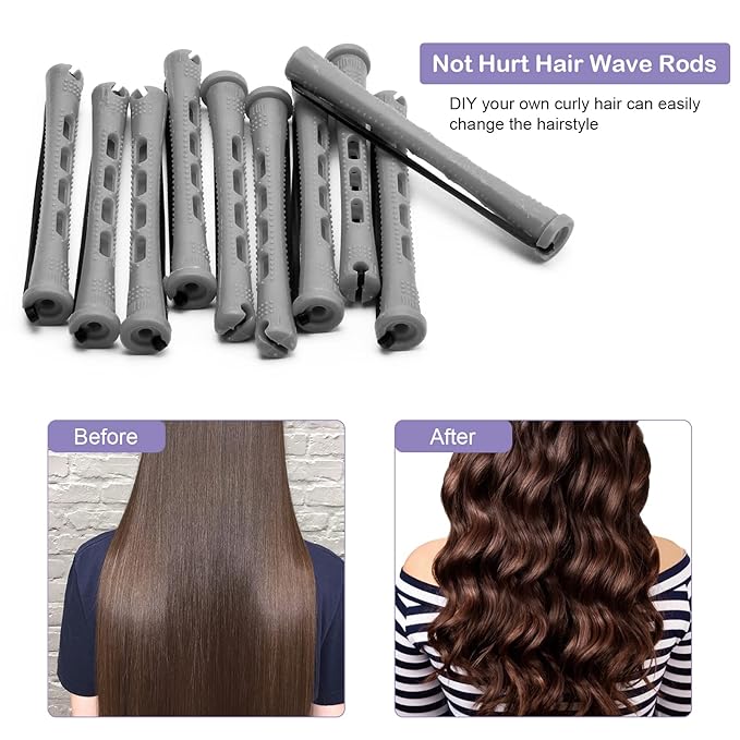 Coolrunner 60PCS Hair Perm Rods Set, Plastic Curler Perm Rods with Steel Pintail Comb, DIY Hair Curler Styling Tools for Hairdressing Hair (0.9cm, Blue, Gray)