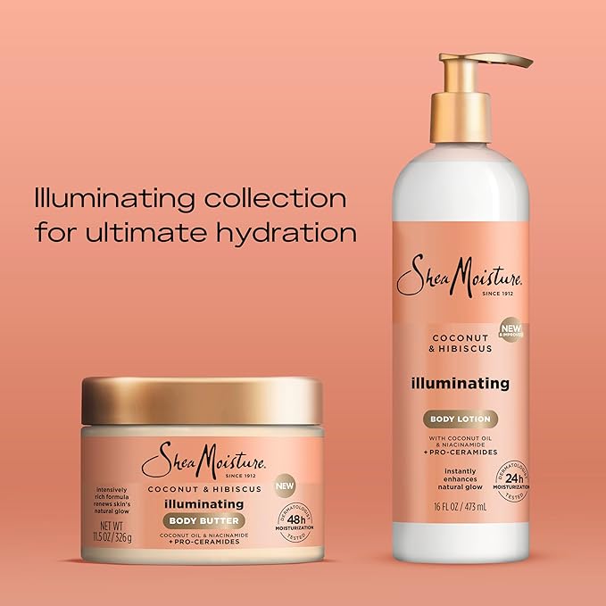 SheaMoisture Illuminating Body Lotion with Coconut Oil, Hibiscus, Niacinamide and Pro-Ceramides, Instantly Enhancing Skin's Natural Glow, 24H Moisturizing 16 oz, (Pack of 2)