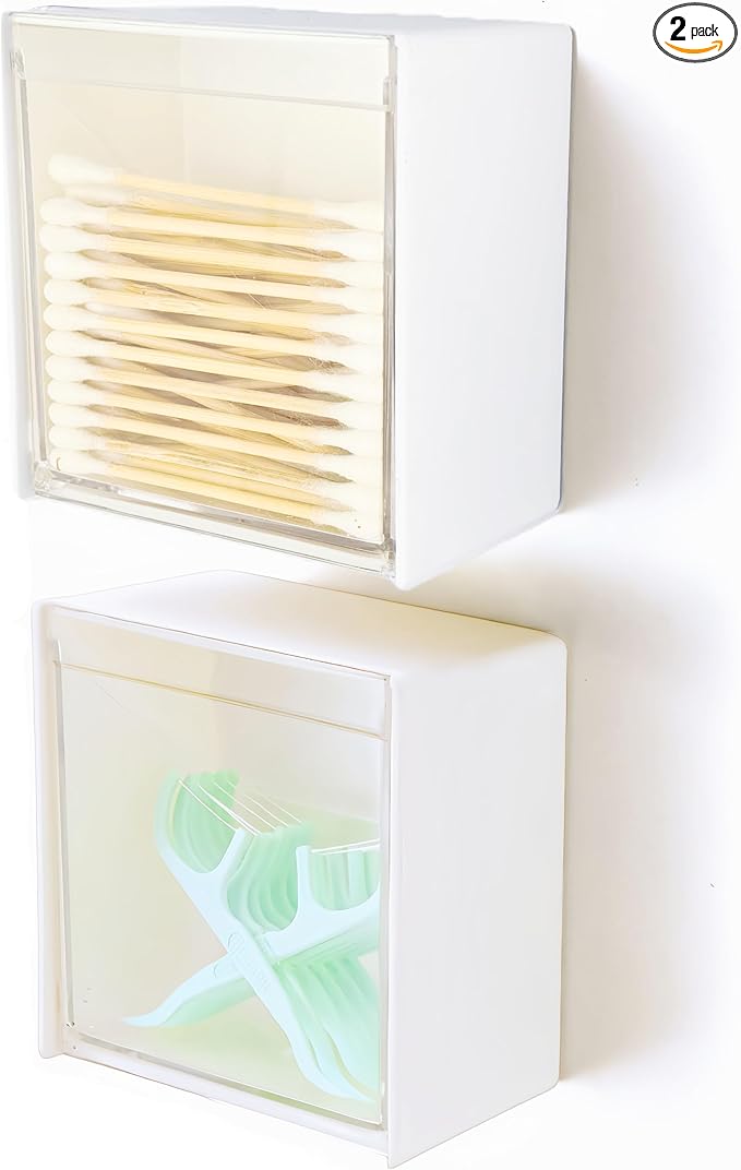 Qtip Holder Wall Mount for Cotton Swabs, Balls, Pads, Hair Ties,Floss Picks- Small Plastic Bathroom Wall Organizers and Storage Set,Bedside Shelf,Home Decor,Dorm Room Essentials (2)
