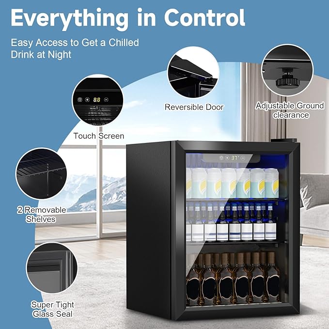 Stopasd Beverage Refrigerator Cooler, 1.7 Cu.Ft/70 Can Drink Fridge with Adjustable Shelves & Clear View Door Soda Wine Beer, Quiet Undercounter Small Fridge for Home/Office/Bar/Garage(40-61 ℉), Black