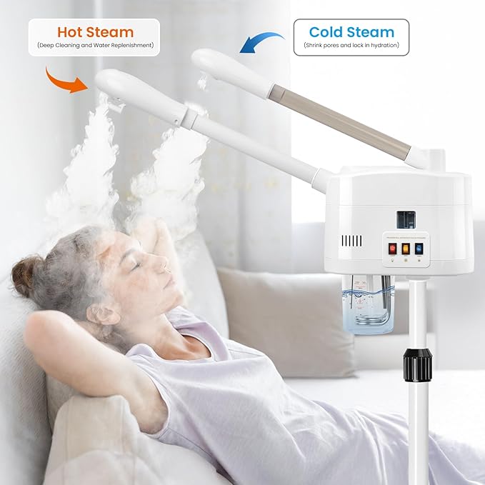 Facial Steamer, 2 in 1 Face Steamer with Cold & Hot Mist, Professional Facial Steamer with Timer Function, Stand Face Steamer Adjustable Height for Spa, Salon and at Home use