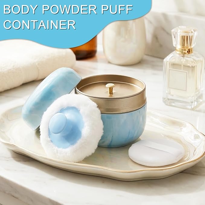SHIMIDO Body Powder Puff and Container, 3.15" Portable Empty Body Powder Container for Baby Women's Loose Dusting Powder, Powder Case Box with Lids for Bath, Travel and Home Use (Aqua Blue)