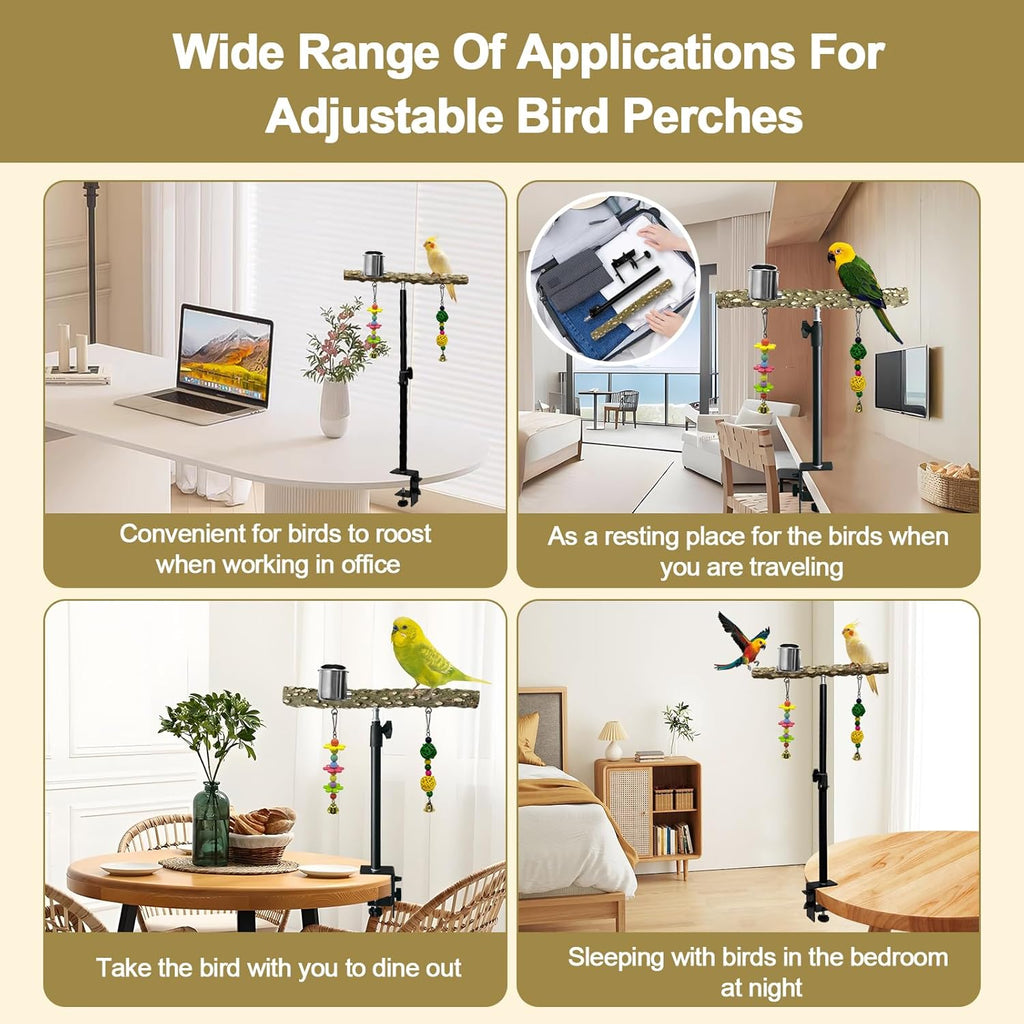 18-27 Inch Height Adjustable Bird Perch Pepper Wood Desktop Bird Training Perch Stand with Feeding Cups and Swing Toy Parakeet Perches Indoor and Outdoor Parrot Stand for Small to Medium Birds