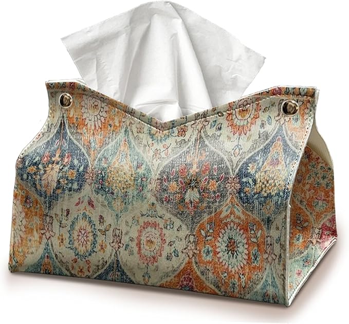 Boho Tissue Box Cover Rectangle, Orange Tissue Box Decorative Vintage Boho Decor Tissue Holder, Farmhouse PU Leather Cottagecore Decor for Bathroom Kitchen Desk 9.8x5.9x5.9