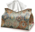 Boho Tissue Box Cover Rectangle, Orange Tissue Box Decorative Vintage Boho Decor Tissue Holder, Farmhouse PU Leather Cottagecore Decor for Bathroom Kitchen Desk 9.8x5.9x5.9